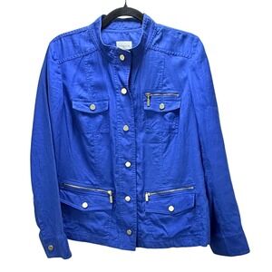 Chico's Linen Utility Jacket Size 1 M Cobalt Blue Gold Snap Button Retro Utility